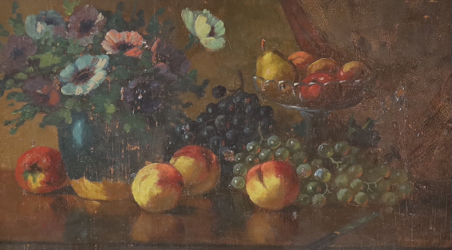 H. Hubregtse, oil on board, Still life of fruit and flowers, signed and dated '22, 33 x 55cm